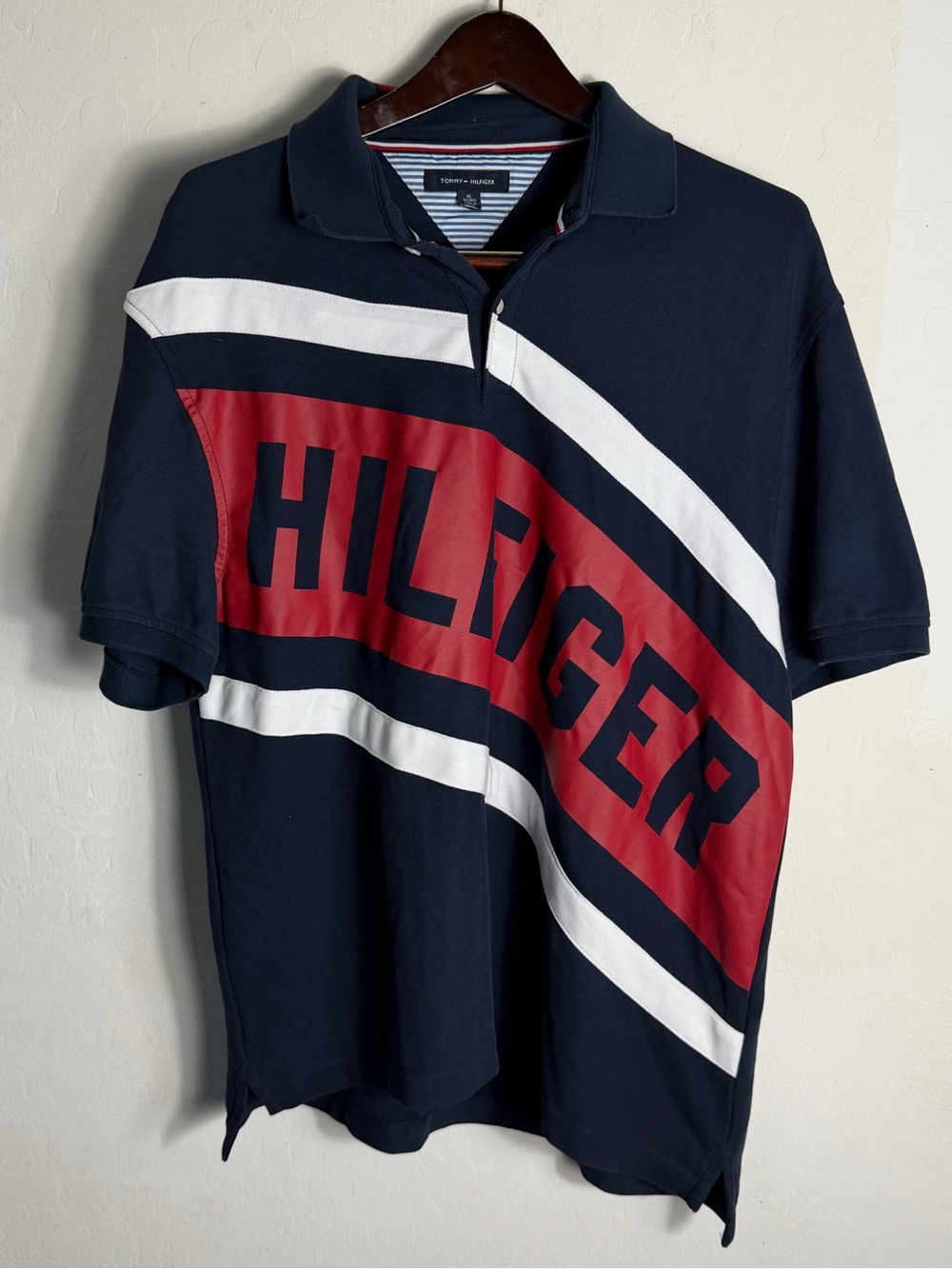 Tommy Hilfiger Navy Polo with Red and White Diagonal Stripe